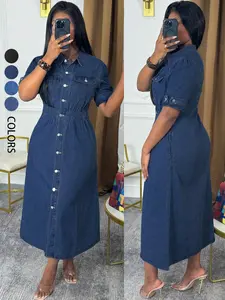 Chic Denim Shirt Dress, Button-Down Midi Dress with Chest Pockets and Short Cuffed Sleeves, Effortless Casual Women's Jean Dress
