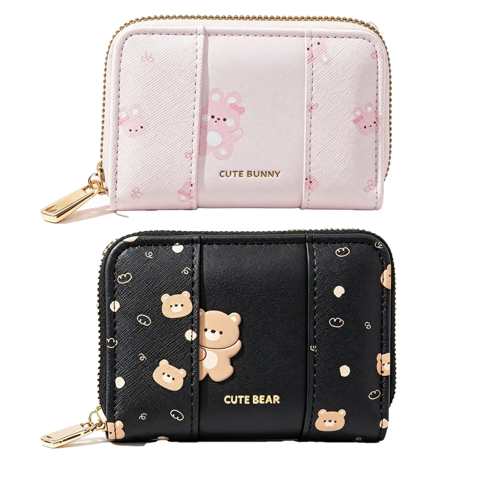 2Pcs Kawaii Cartoon Bear Bunny Short Zipper Wallet, Soft PU Leather Mini Card Holder Purse, Cute Coin Pocket Card Wallet for Girls Women Daily Travel