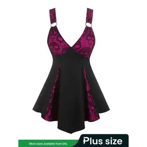 Size Up | Lace A-Line Dress with O-Ring and Skeleton Pattern (Collage), Punk Fashion Sleeveless V-Neck Asymmetrical Dress, Suitable for Daily Outdoor Wear, Summer Women’s Clothing, Bohemian Style Sleeveless Dress GARMENTARY