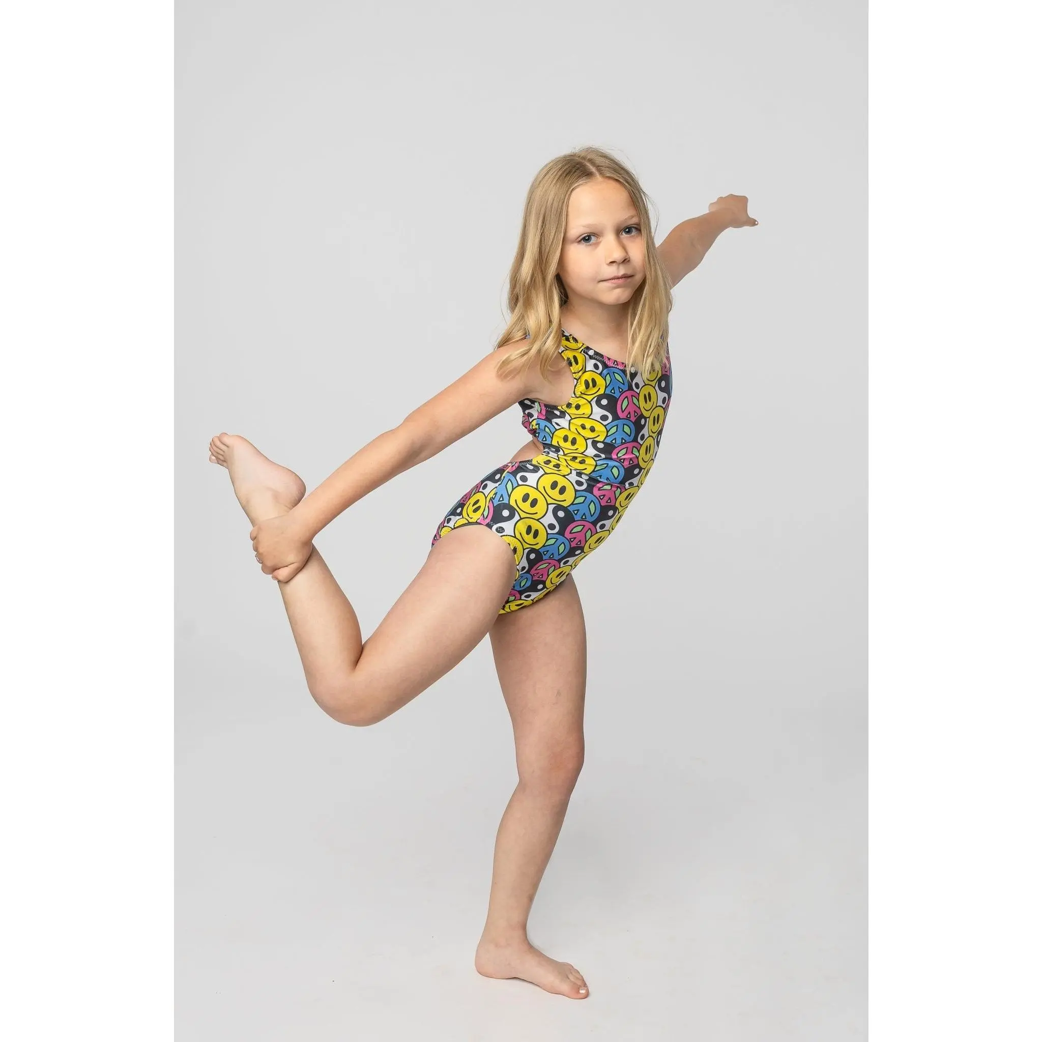 Happy Harmony Gymnastics Leotard- Retro Smiley Face & Peace Sign Print for Girls