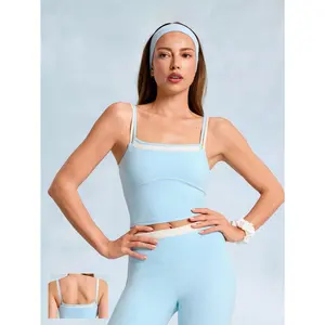 GLOWMODE FeatherFit Soft Start Buttery-Soft Contrasting Seams 2-Piece Spaghetti-Strap Tank Top Low Impact Yoga Studio Daily Casual Wear Removable Cups