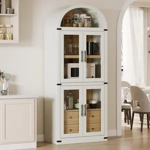 Arched Bookshelf with Doors and Drawers Farmhouse Bookcase 15.83in Depth Display Storage Shelves 71.4in Tall Wooden Display Cabinet Rounded Bookcases for Living Room, Kitchen, Office