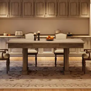 Dining Table for 6 to 8 with 2 Drawers Wooden Kitchen Table with Double Pedestal Large Tabletop 8 Ft Large Rectangular Dinner Table with Sturdy Frame for Kitchen Office-Rustic Gray