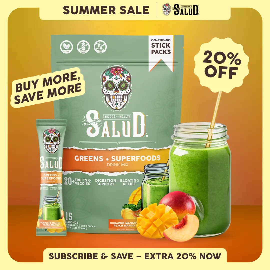 Salud 2-in-1 [Greens + Superfoods - Peach Mango] Daily Greens Drink Mix, Agua Fresca, Gut Health & Bloating Support, Probiotics & Prebiotics, Vegan, Non-GMO, Easy-to-Drink Greens Powder (15 Servings)
