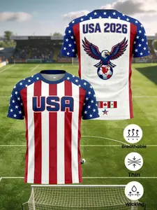 Men's Usa Flag Colorblock Short Sleeve T-Shirt, 2026 World Cup Memorial Eagle Print Sports Top, Daily Wear and Outdoor Activity, Athletic Shirt