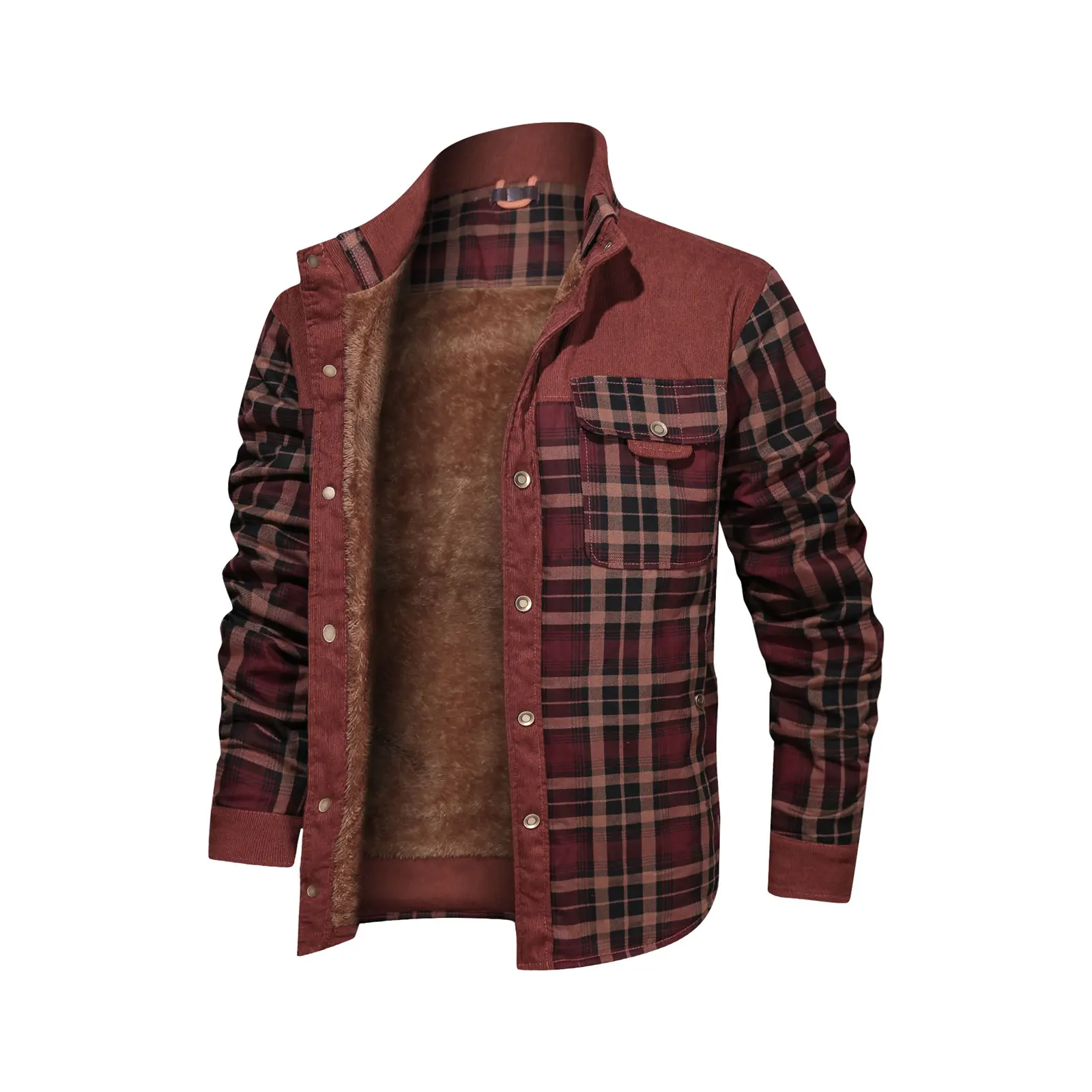 Men's Corduroy Plaid Sherpa Lined Flannel Shirt Jacket Fleece Coat