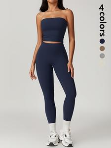women's solid crop tube top & high waisted leggings sportswear set, strapless scrunch gym set, workout gym exercise clothing set for women, tracksuit for women, gym clothing, workout sets women, athletic tracksuit set, elegant gym outfits, gymwear
