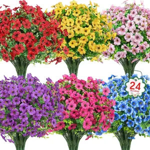 24 Bundles Artificial Flowers for Outdoors Fake Silk Flowers UV Resistant Faux Plastic Plants for Spring Summer Garden Porch Window Box Table Vase Home Indoor Outdoor Decoration, Mixed Decorative Fruit Ornaments Blue