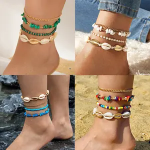 Boho Beach Shell Anklet Set |     Macrame Layered Anklets |     Conch Scallop Shell Jewelry |     Summer Vacation Foot Accessory