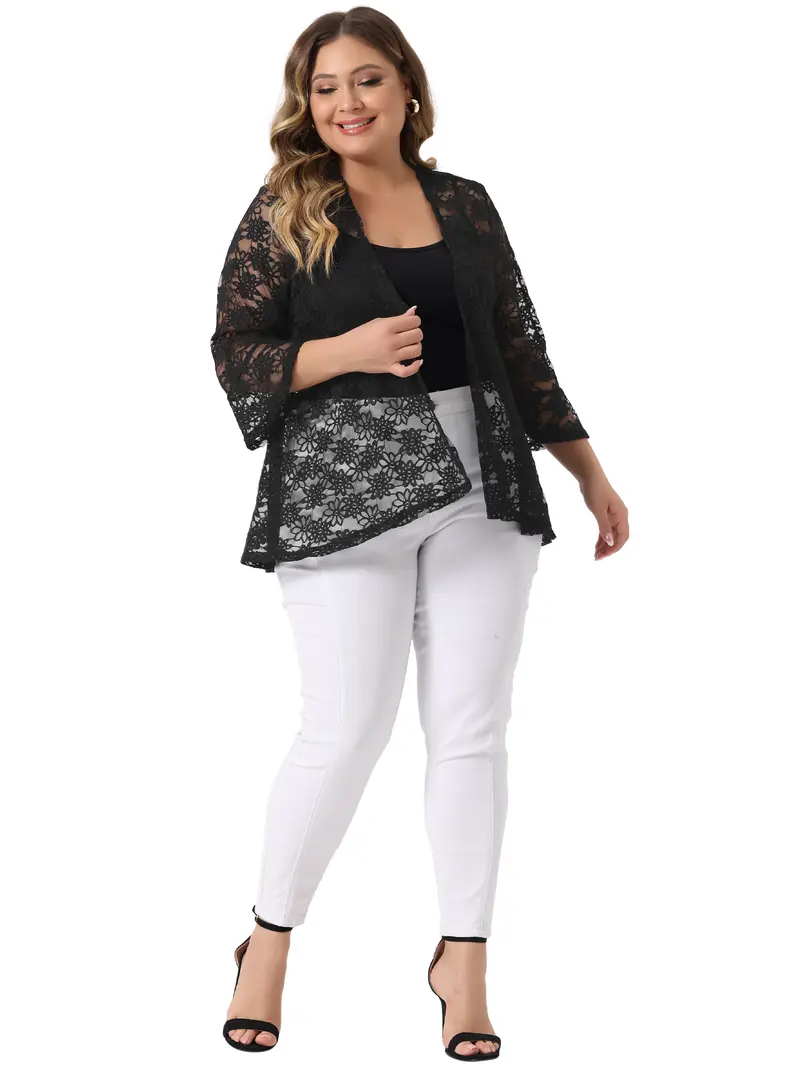 Agnes Orinda Plus Size Cardigans for Women Open Front 3/4 Bell Sleeve Sheer Lightweight Lace Cover Up Black