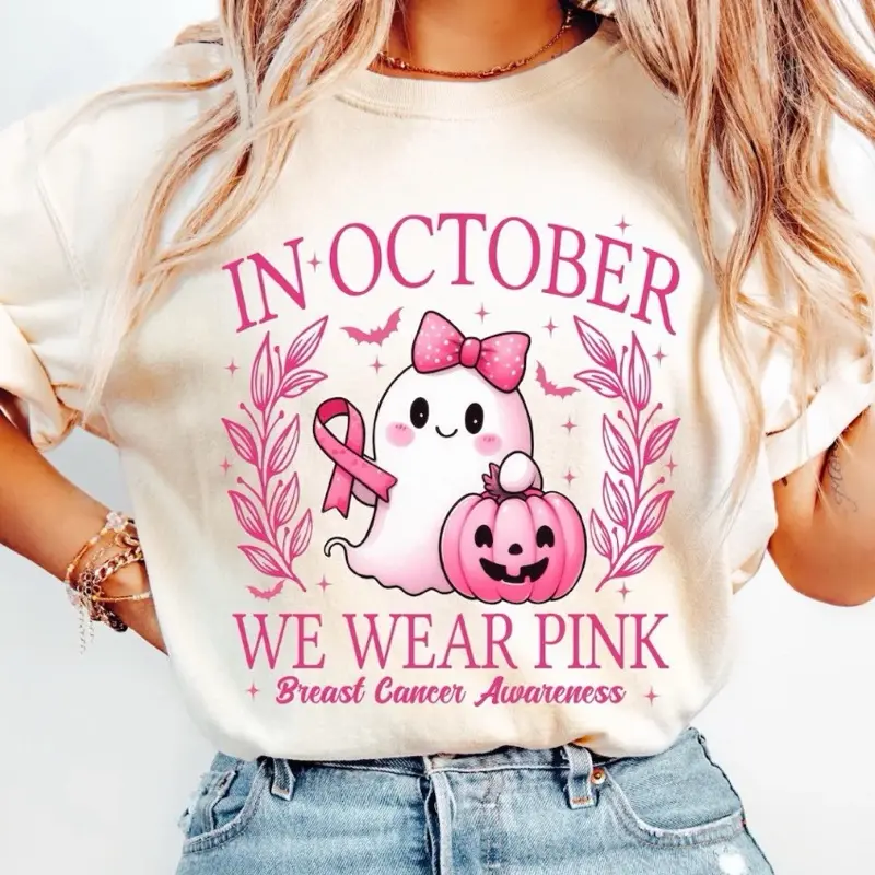 In October We Wear Pink Shirt, Retro Breast Cancer Awareness Shirt, Halloween Pink Ghost , Breast Cancer Halloween Unisex