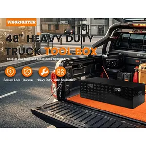 48 Inch Heavy Duty Aluminum Stripes Plated Tool Box Pick Up Truck Bed RV Trailer Toolbox Square Storage Organizer with Side Handle, Lock and Keys, Waterproof -48"x 19.5"x 17.5", Black