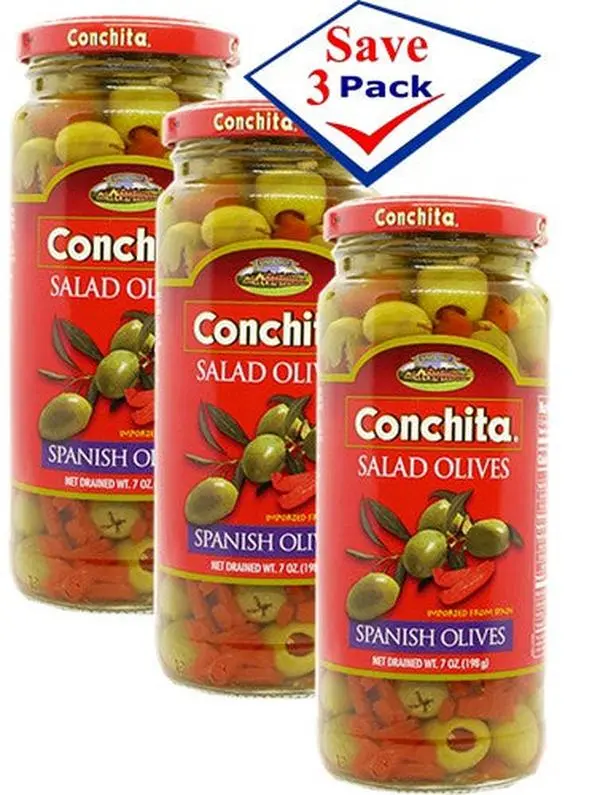 Conchita Sliced Manzanilla-Type Spanish Olives Salad - Canned Food with Red Sweet Pimentos, Peppers, Onions - 7 oz, Pack of 3, Ambient, Ideal for Garnishes (Canned Pantry Food Category)