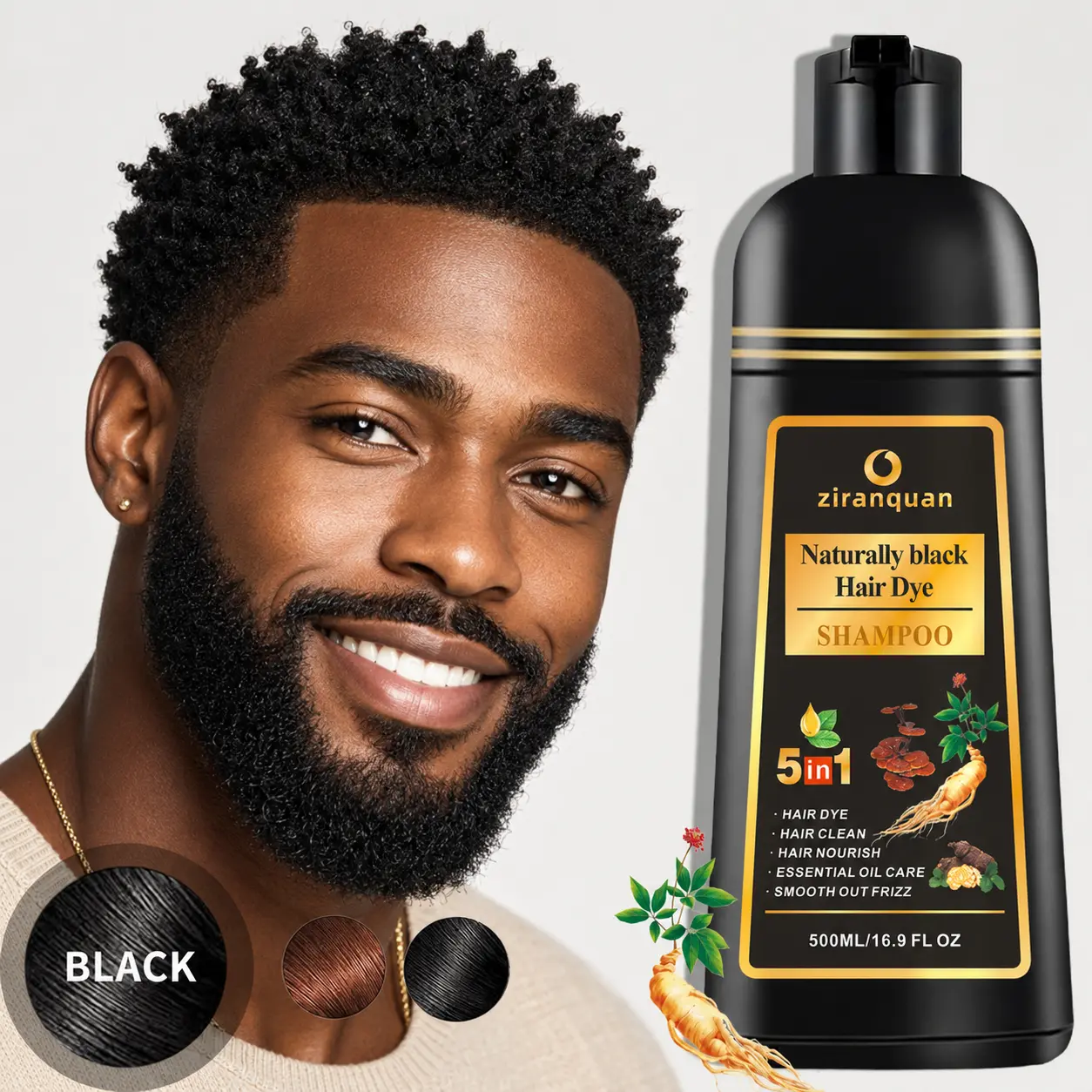 All-in-One Mens Natural Black Hair, Beard & Mustache Dye Shampoo Fast Acting 10-Minute Wash-In Color for Instant 100% Gray Coverage - Ammonia-Free & PPD-Free Herbal Blend with Ginseng Extract - Scalp-Friendly, Non-Irritating Facial Hair Grooming Kit 500ml
