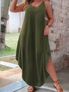 Plus Size Olive Green Vacation Casual Dress With Curved Hemline Maxi Women Outfit Sleeveless Spaghetti Strap Summer Plain Asymmetrical - Fabric
