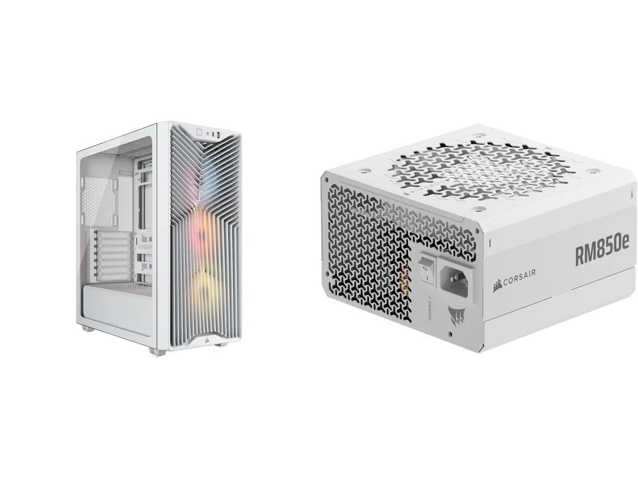 CORSAIR 3200D RS ARGB mid-tower chassis with 3x RS120 ARGB fans, DIY features, powerful cooling. White. RM850e (2025) Modular ATX Power Supply, 12V-2x6 Cable, ATX 3.1 & PCIe 5.1, Gold Efficiency, 105°C Capacitors, Standby Mode. White