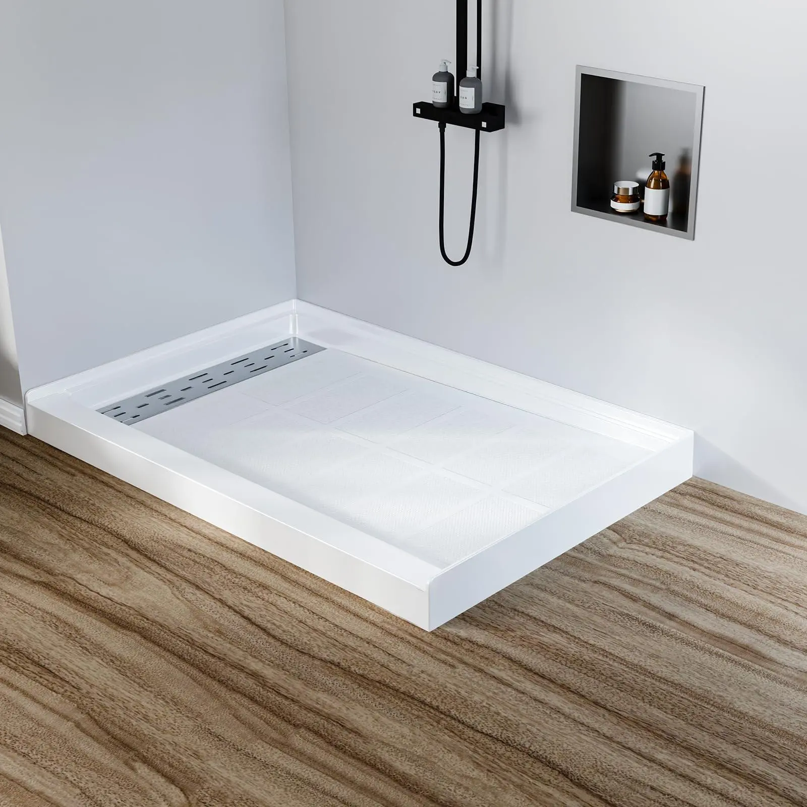 GAOMON 48in L x 32in W x 4in H Single Threshold SMC Shower Base Kit, Non-Slip SMC Shower Pan with Left Drain, 304 SS Rectangular Drain Pipe & Cover for Bathroom, White, Smc & Ss