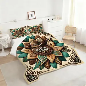 2/3Pcs Cowboy Hat Mandala Comforter Set, Ornate Teal and Brown Bedding Set with Intricate Patterns, Digitally Printed Quilted Cover, Perfect for a Bohemian Western Themed Bedroom Makeover, 1 or 2 Pillowcase No Pillow Core
