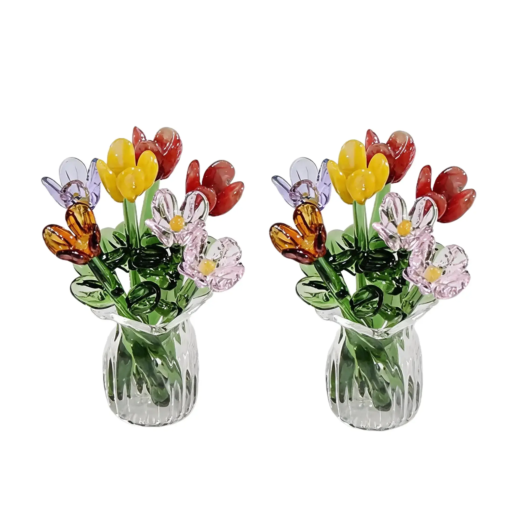 2 Sets (8 Flowers + 1 Vase Per Set) Handcrafted Mini Glass Artificial Flower Ornaments, DIY Faux Flower Arrangement Bouquet, Decorative Mixed Flower Set for Gifting and Event Decorations, Faux Floral Decor, Artificial Flower Bouquets