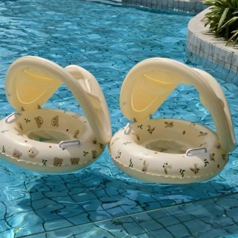Cute Rabbit-Bear Shaped Inflatable Pool Float, Soft Portable Water Toy with Handles, Animal Print, Comfortable Seat Design & Built-In Removable Sun Canopy, Stylish Summer Pool Floaties for Beach Water Play