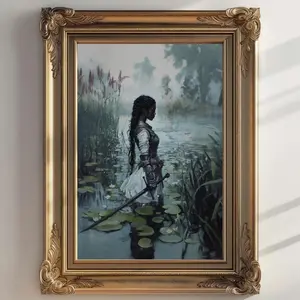 Lady Knight in the Lake Art Print, Woman Knight Poster, Renaissance Knight Gift, Medieval Fantasy Wall Art, Dark Academia Wall Decor, Room Decor, Unframed