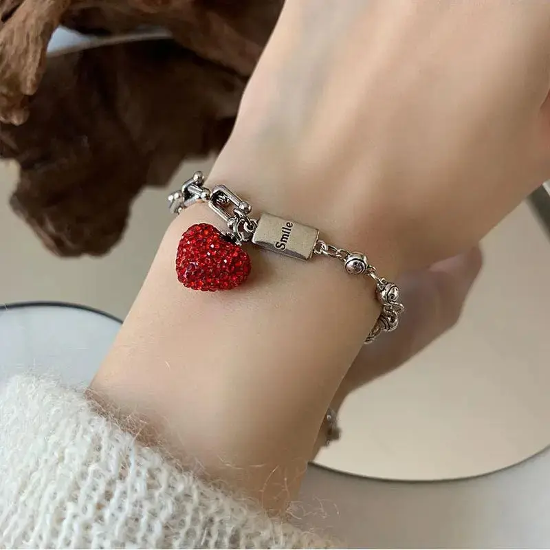 Thick Chain Bracelet for Women, Sporty Chic Silver-Tone Jewelry with a Cubic Zirconia Strawberry Charm, Casual for Daily Sports & Party, Bangle, Female, Chain Jewelry Bracelets & Bangles, Fruit, Cubic Zirconia Bangle, Fashionable Bracelet