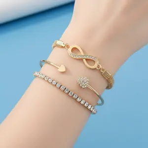3pcs Women's Bracelet Set 18K Gold Plated Rhinestone Infinity Tennis Chain Open Bangle