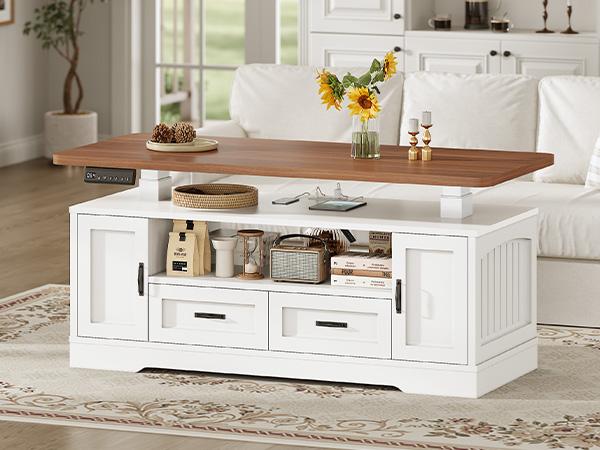 SEDETA 47.2" Electric Standing Coffee Table with Storage, Farmhouse Lift Top Coffee Table with Drawers and Open Shelves, Height Adjustable Tables with Power Outlet, for Living Room