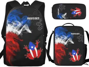 3PCS Puerto Rico Flag Smoke Coqui Frog Kids Backpack Set - Waterproof Large-Capacity Basketball Equipment Bag with Insulated Lunch Box & Pencil Pouch, Boricua Taino Symbol Print for Culture Fans