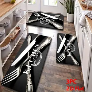 2/3pcs Soft Flannel Kitchen Mat Set, European Carved Dinnerware + Bay Leaf Design, Anti-Slip, Absorbent, Home Decor，Black