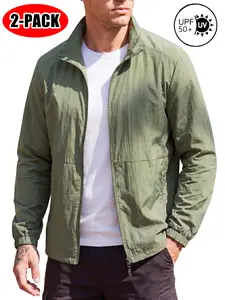 2-pcs men’s UPF 50+ plus-size sun-protection jackets with full zipper; lightweight long-sleeve performance fishing shirts for outdoor hiking and fishing; quick-drying with pockets