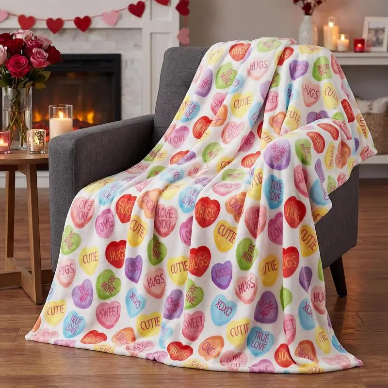 Valentine Flannel Blanket Throw, Pink Hearts with Words Soft Fuzzy Plush Cozy Fleece Blankets for Couch Sofa Bed Lounging, Ideal Gifts for Kids Adults Wife Self, Gift for Him & Her, Valentine's Day Gift