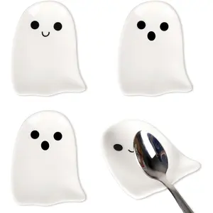 Whaline 4Pcs 2.8inch Halloween Mini Ceramic Spoon Rests White Ghost Small Coffee Spoon Holder for Coffee Stirrers Teaspoon Bar Spoon Coffee Station Bar Accessories