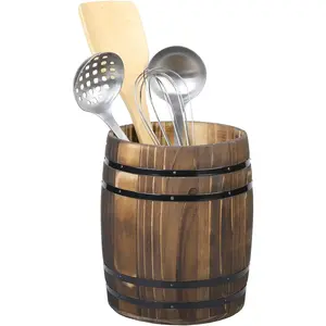 Wine Barrel Design Kitchen Utensil Crock, Vintage Rustic Burnt Wood Cooking Tool Holder