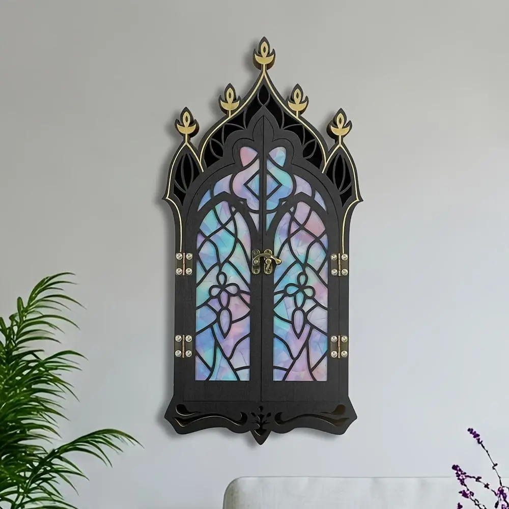 FNYDOX 1pc Baroque Church Crystal Wall Shelf | Wooden Gem Stone Rock Storage Holder, Wall Mount Stand Case Box for European Retro Colorful Window Decor, Spiritual Gift for Home Bedroom Living Room, Adjustable, FNYDOXGI