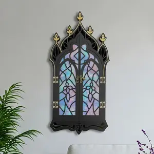 FNYDOX 1pc Baroque Church Crystal Wall Shelf | Wooden Gem Stone Rock Storage Holder, Wall Mount Stand Case Box for European Retro Colorful Window Decor, Spiritual Gift for Home Bedroom Living Room, Adjustable, FNYDOXGI