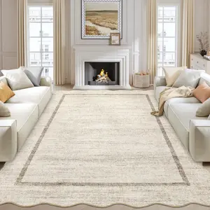 1pc Vintage Washable Runner Rug  Scalloped Neutral Runner Rug Non Slip Soft Thin Kitchen Rugs, Vintage Bordered Distressed Mat Low Pile Non-Shedding Foldable Rugs for Hallway Laundry Entryway, Beige Color