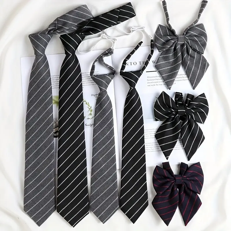 Preppy Striped Bow Decor Tie with Flower Bow, Unisex Woven Polyester Neckwear for School Uniforms, Fashion Accessory in Grey & Black-White, Striped Print Tie, Grey Tie