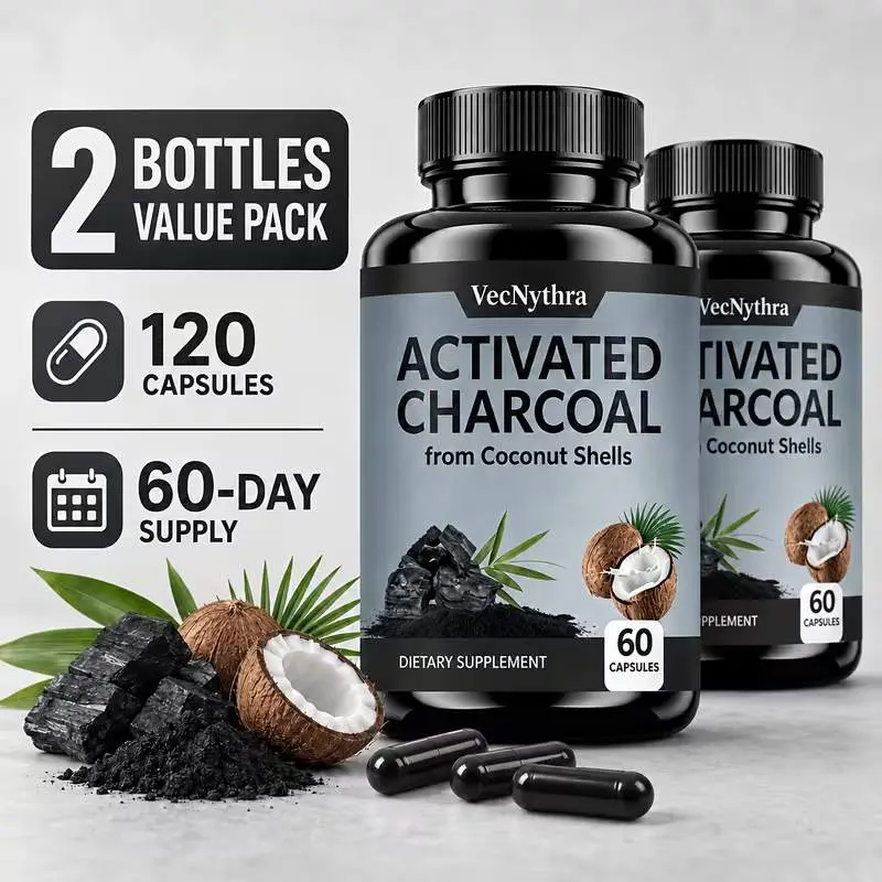 VecNythra Activated Charcoal Capsules from Coconut Shells, 2-Pack 120 Capsules, Charcoal Pills Dietary Supplement, 60 Servings