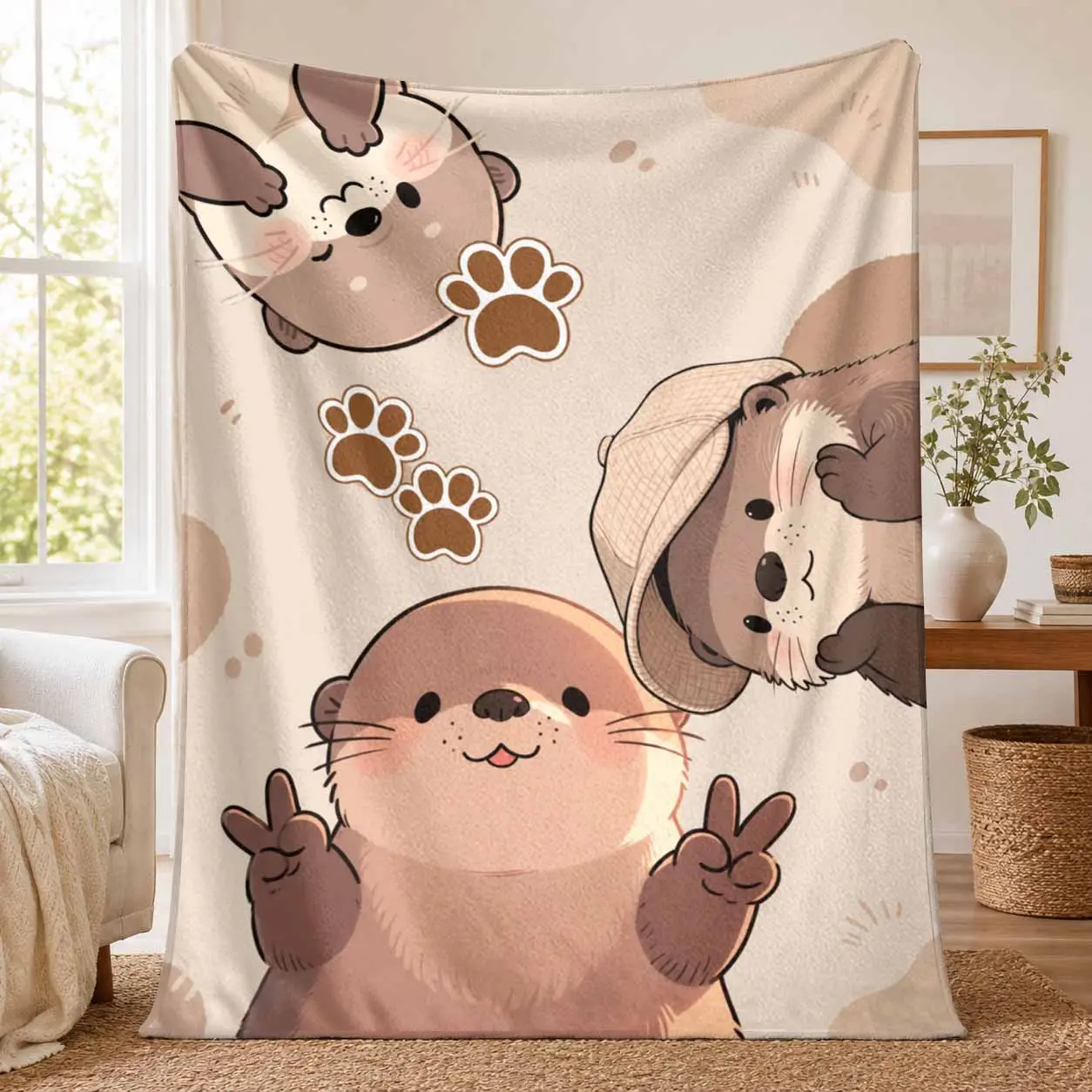 Adorable Sea Otter Animal Illustration Flannel Throw Blanket - Cute Kawaii Animal Paw Print, Ultra Soft Lightweight Plush Fabric, Breathable Warm, Cozy Bedding Decor for Living Room, Thoughtful Anniversary Gift, Animal Illustration Throws