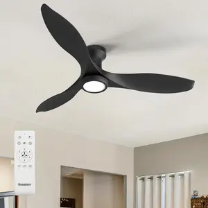 52 Inch Ceiling Fans with lights Remote Control, Flush Mount Low Profile Ceiling Fan with Light, Quiet DC  3 Colors and 6 Speeds, Black Ceiling Fan for Bedroom, Living Room, Kitchen