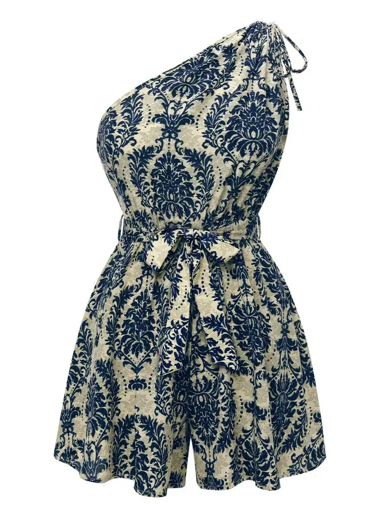 RETRO STAGE Women's Vintage 1950s Blue Floral Print 1-Shoulder Sleeveless Overalls - Casual Comfy Jumpsuit for Summer Womenswear Sets, Overalls for Women, Retro Floral Print, Floral Pattern Jumpsuits & Rompers, Light Blue Floral Print Jumpsuits & Rompers