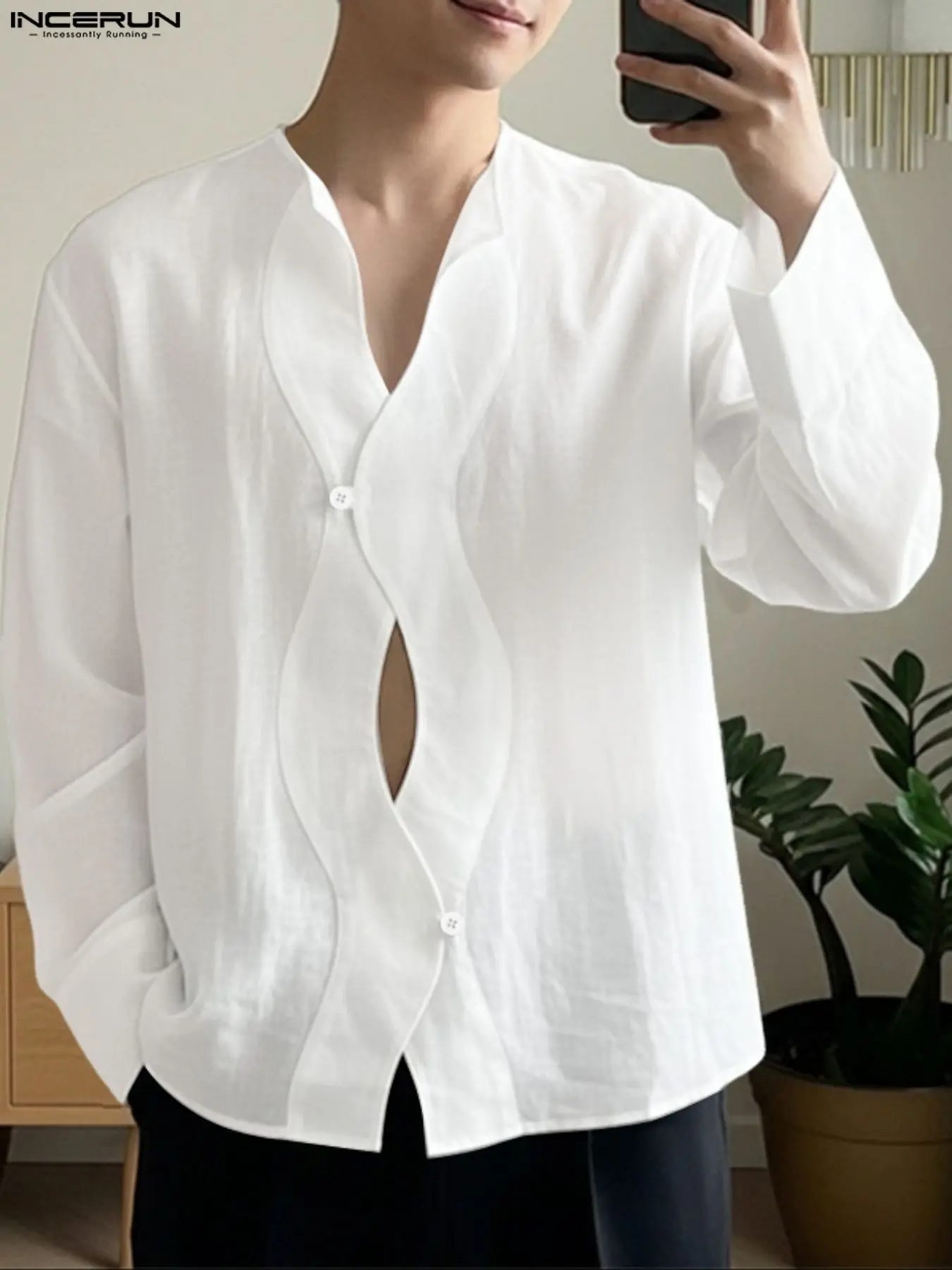 INCERUN Men's Fashion Deconstructed Lapel Transparent Long Sleeve Plain Shirt, Stylish Casual Wear, Casual Clothes, Perfect for Daily Use, Trendy Men's Clothing, Menswear, Casual Minimalist, Top