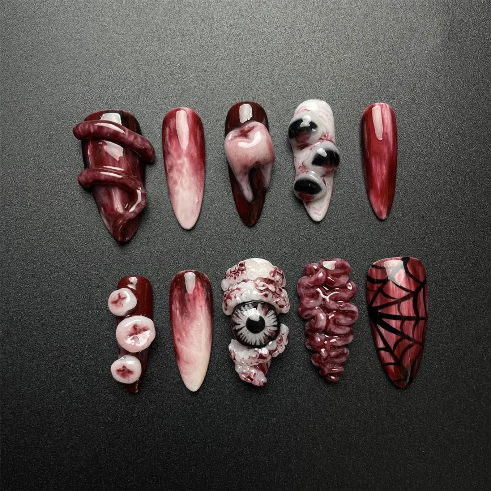 Handmade Gore Press On Nails | 3D Eyeball, Brain, Teeth & Bloody Guts | Nails For Halloween Vibe