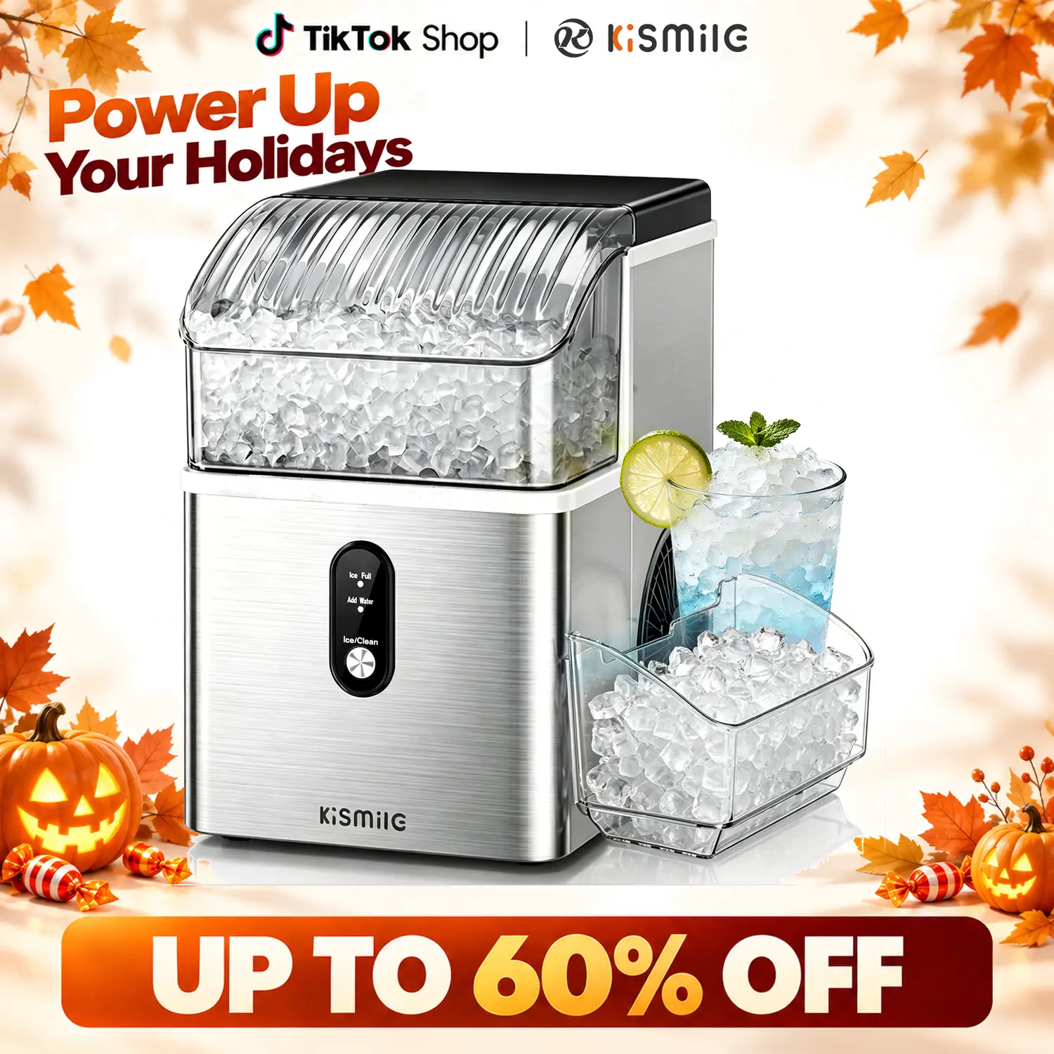 Kismile Stainless Steel Compact Countertop Nugget Ice Machine - Automatic, 5/7-Min Quick Make, 35/44 lbs/24h Production, Self-Cleaning, 1-Click Operation, 1.1L, Portable Kitchen Appliance with Ice Machine Cleaner for Home, Office,techvibes