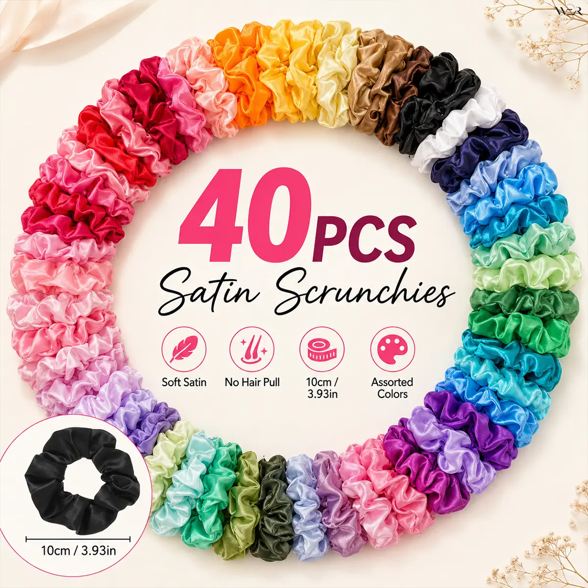 Girls' & Women's 40-Piece Rainbow Pastel Round Satin Scrunchie Set - 10cm Cute Silky Texture Hair Ties, Everyday Fashion Accessory Gift for Girls Who Love Scrunchies, Round Scrunchie