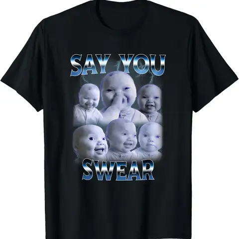 Men's 100% Cotton Classic Fitted Athletic Short-Sleeve Round Neck Graphic T-Shirt - Soft Fabric Garment, Bold Gen Z Meme Print (Say You Swear AI Niche Baby Holding Back Laugh), Casual Streetwear (2XL,3XL,4XL)
