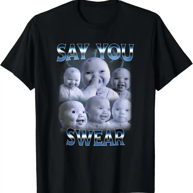 Men's 100% Cotton Classic Fitted Athletic Short-Sleeve Round Neck Graphic T-Shirt - Soft Fabric Garment, Bold Gen Z Meme Print (Say You Swear AI Niche Baby Holding Back Laugh), Casual Streetwear (2XL,3XL,4XL)