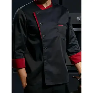 Premium Black Polyester Chef Uniform Jacket - 1pc Long Sleeve with Red Accents, Machine Washable Ideal for Restaurant Hotel Bakery and Culinary School