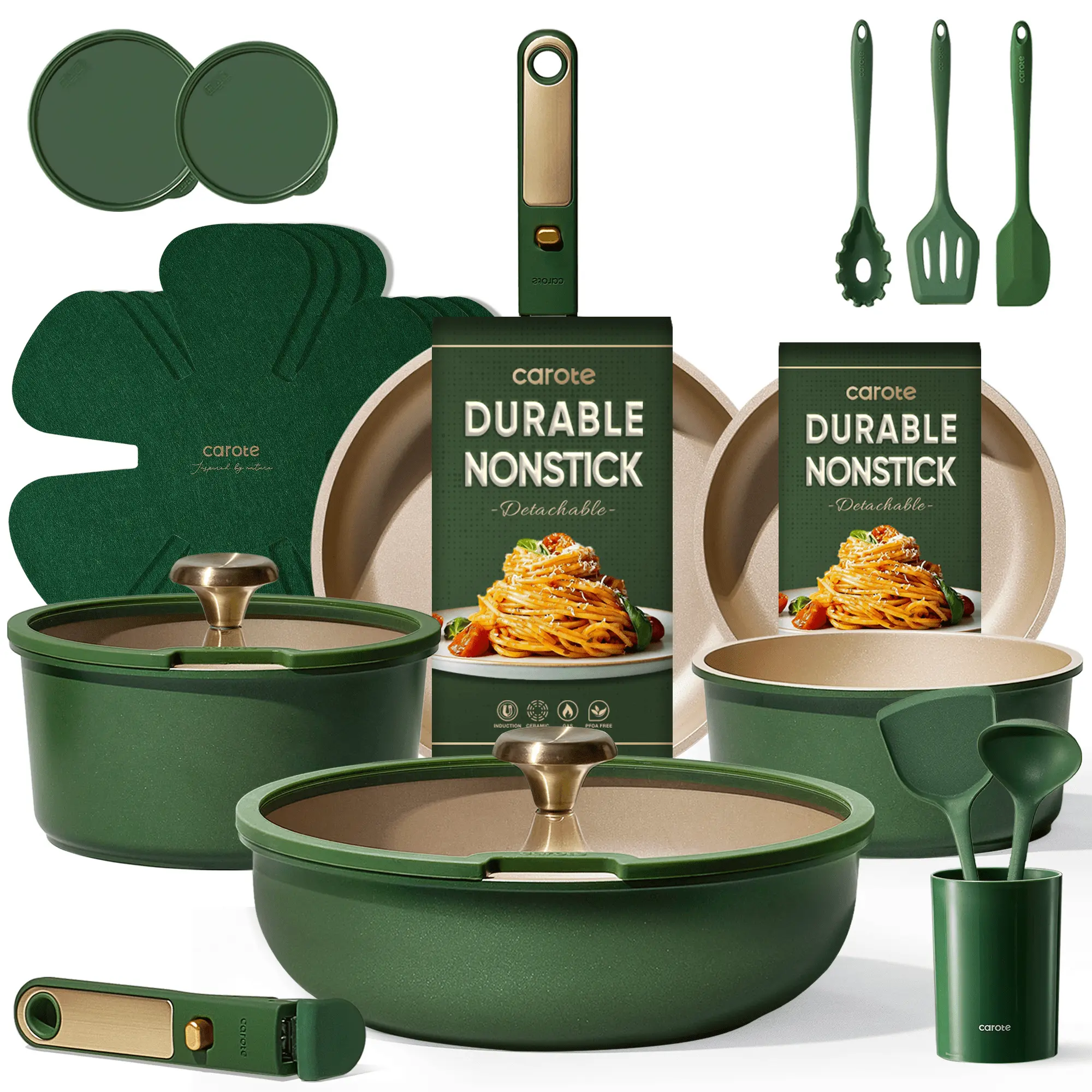 CAROTE 21-Piece Nonstick Pots and Pans Set, Ceramic Cookware Set with Detachable Handle and Lids, Induction Compatible, Green